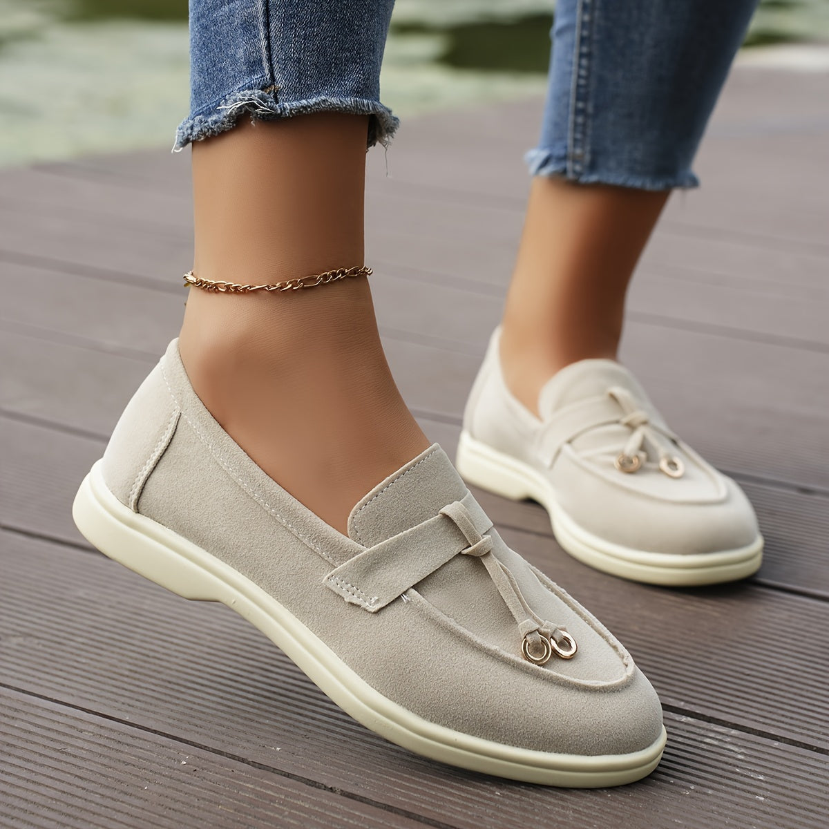 Women's Solid Color Flat Loafers, Casual Metallic Circle Decor Slip On Shoes, Women's Comfortable Shoes