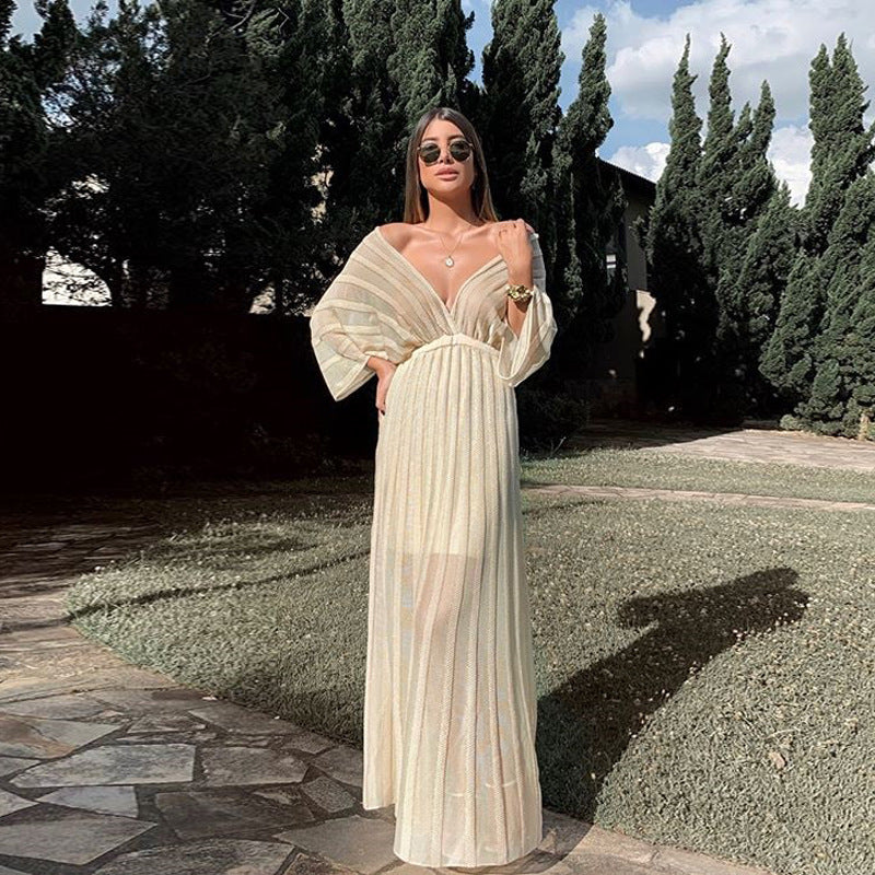 Popular trade new women's dress wish white V-neck shawl sleeve dress