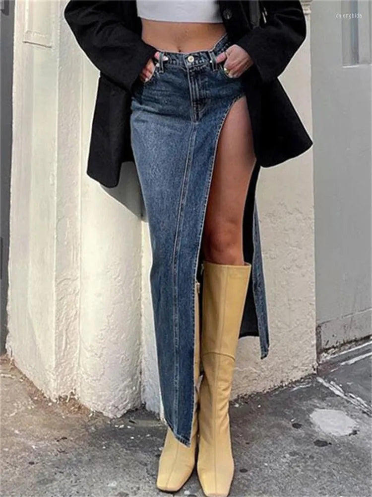 Skirts Summer Split Out Denim Skirt Jeans Women Casual Long Low Waisted Jean Streetwear Midi Pencil Y2k