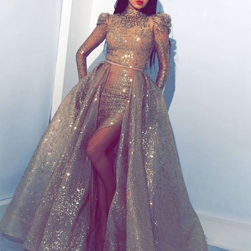 new Popular trade women's clothing independent station gold pendulum sexy long dress slit banquet evening dress new