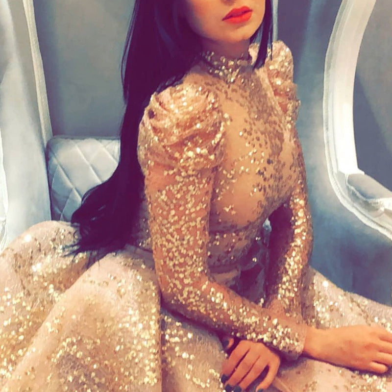 new Popular trade women's clothing independent station gold pendulum sexy long dress slit banquet evening dress new