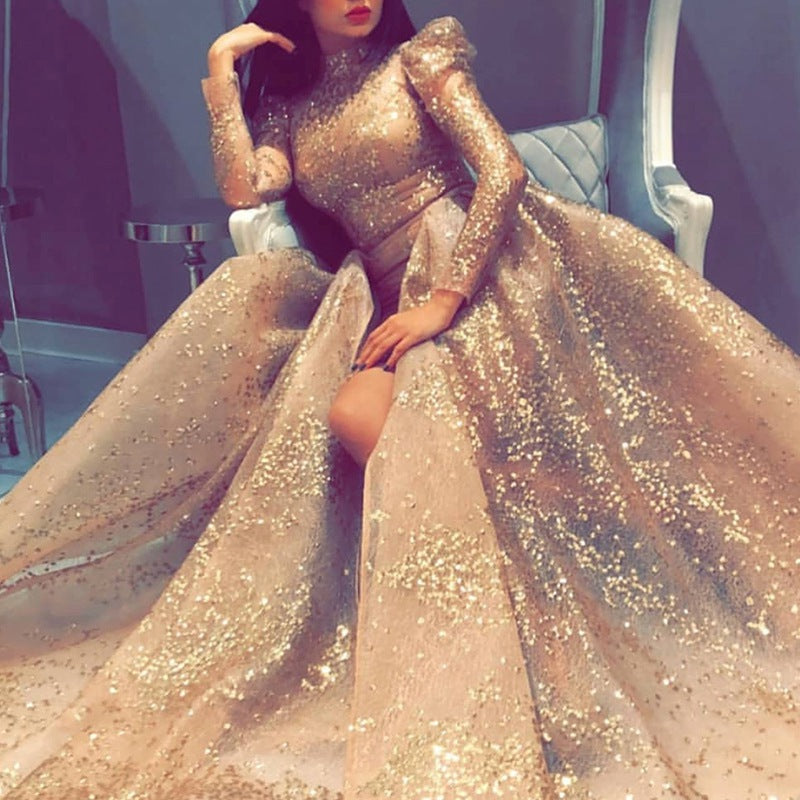 new Popular trade women's clothing independent station gold pendulum sexy long dress slit banquet evening dress new