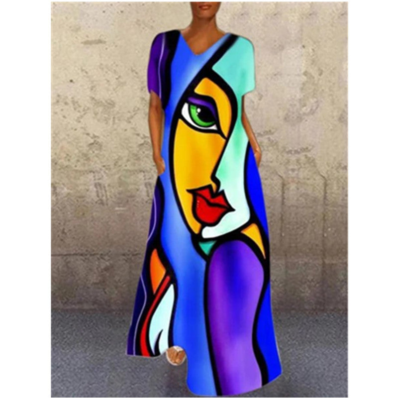 New independent station new dress retro portrait cat print V-neck four-sided elastic dress