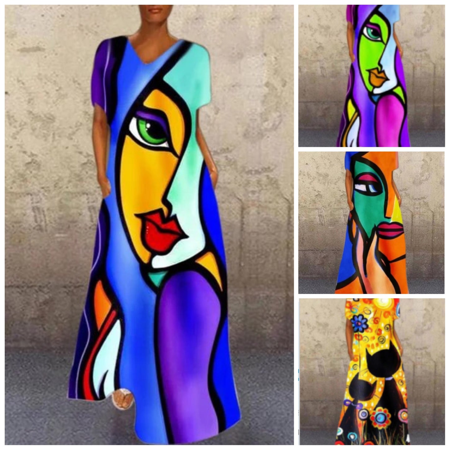 New independent station new dress retro portrait cat print V-neck four-sided elastic dress