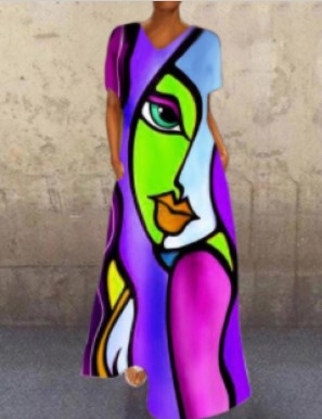 New independent station new dress retro portrait cat print V-neck four-sided elastic dress