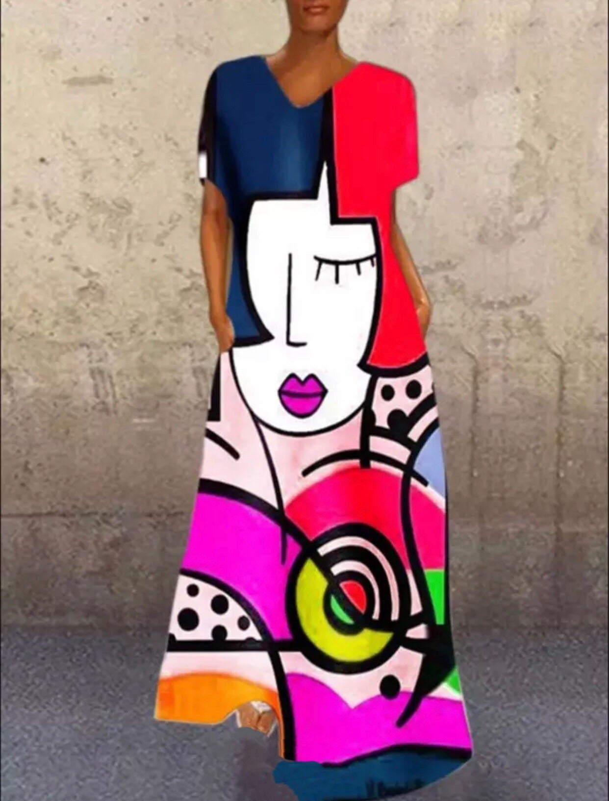New independent station new dress retro portrait cat print V-neck four-sided elastic dress