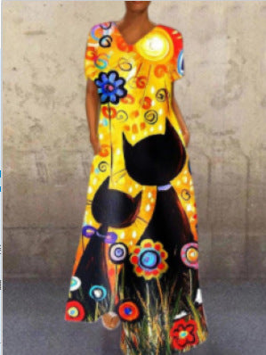 New independent station new dress retro portrait cat print V-neck four-sided elastic dress