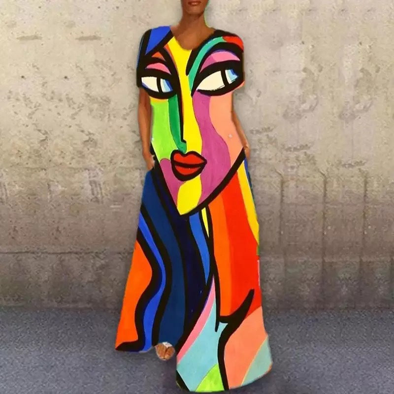 New independent station new dress retro portrait cat print V-neck four-sided elastic dress