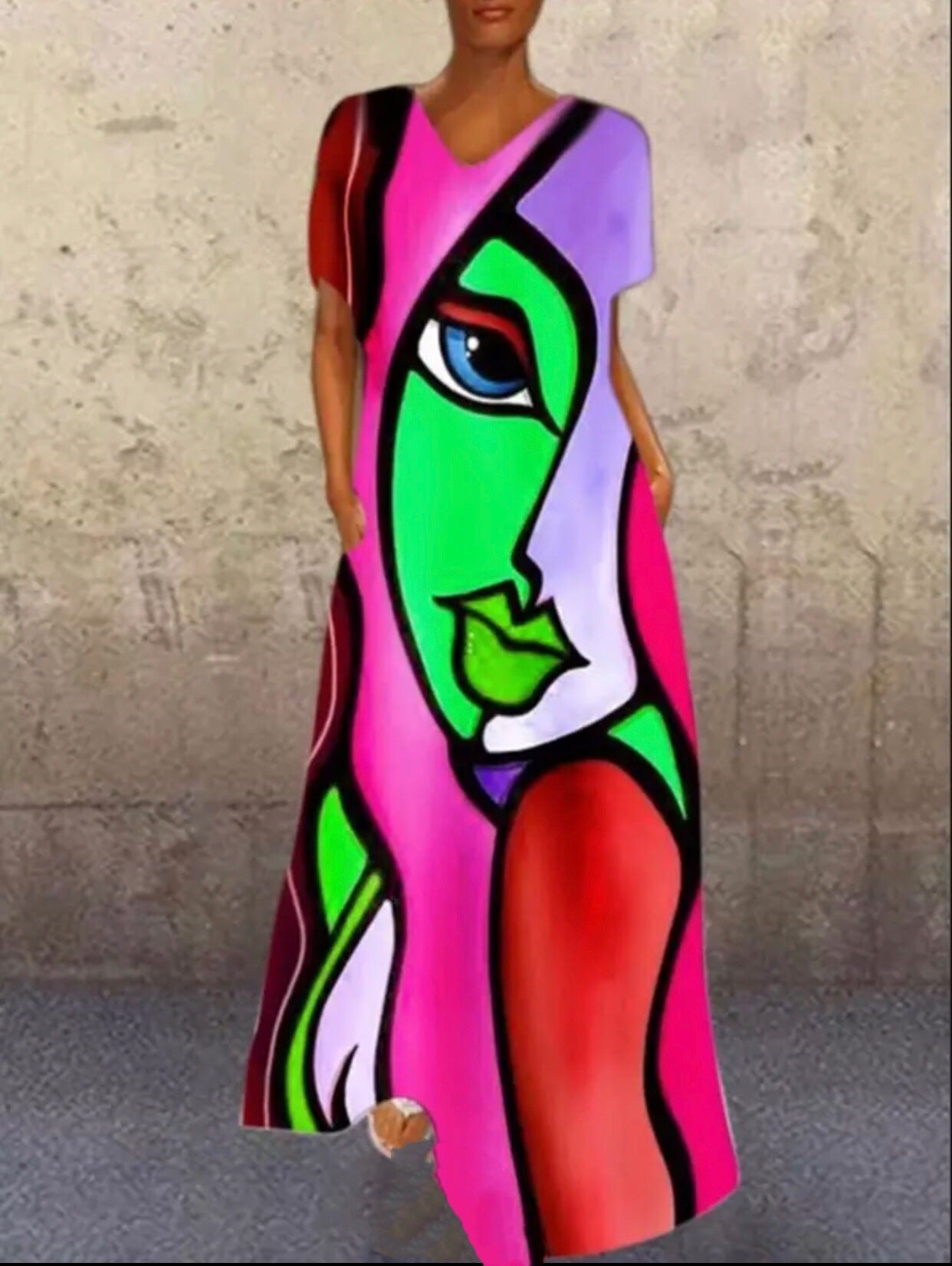 New independent station new dress retro portrait cat print V-neck four-sided elastic dress