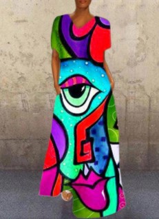 New independent station new dress retro portrait cat print V-neck four-sided elastic dress