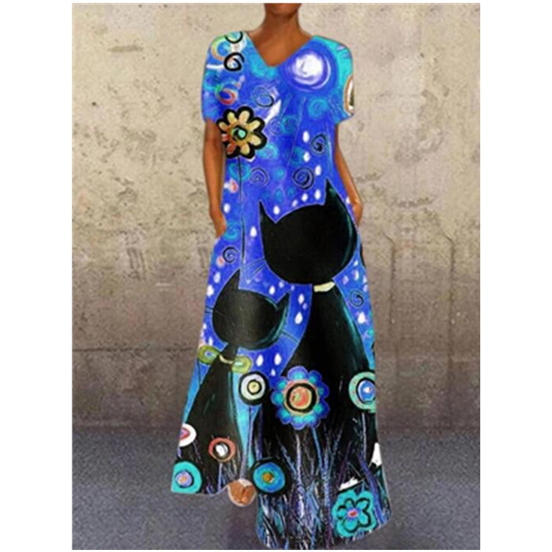 New independent station new dress retro portrait cat print V-neck four-sided elastic dress