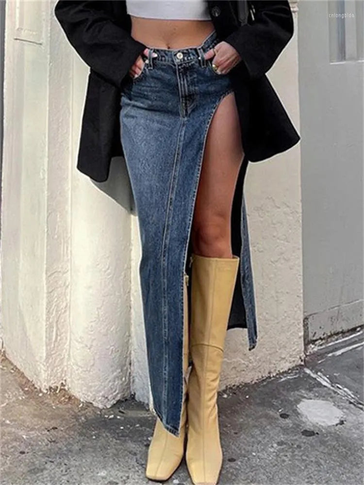 Skirts Summer Split Out Denim Skirt Jeans Women Casual Long Low Waisted Jean Streetwear Midi Pencil Y2k