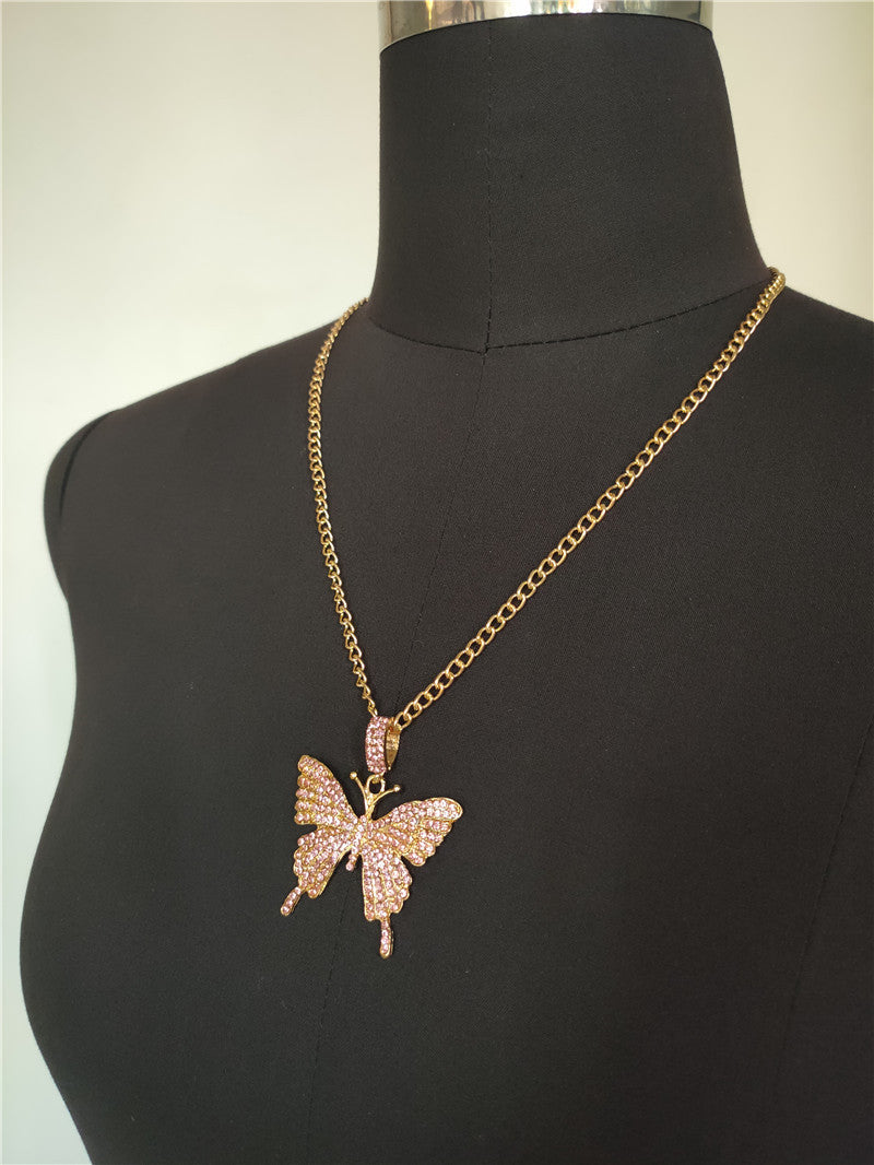 2025 Popular, 2020ins Popular trade New large diamond flash diamond bright diamond rhinestone butterfly pendant necklace fb1404