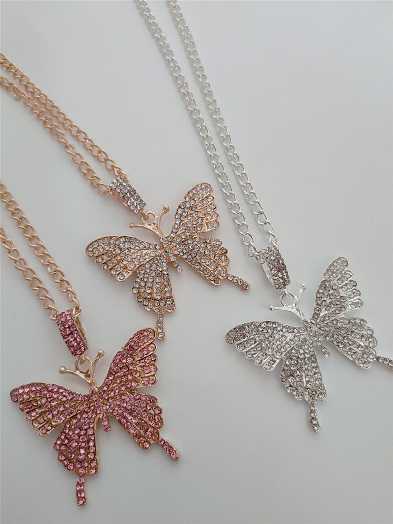 2025 Popular, 2020ins Popular trade New large diamond flash diamond bright diamond rhinestone butterfly pendant necklace fb1404