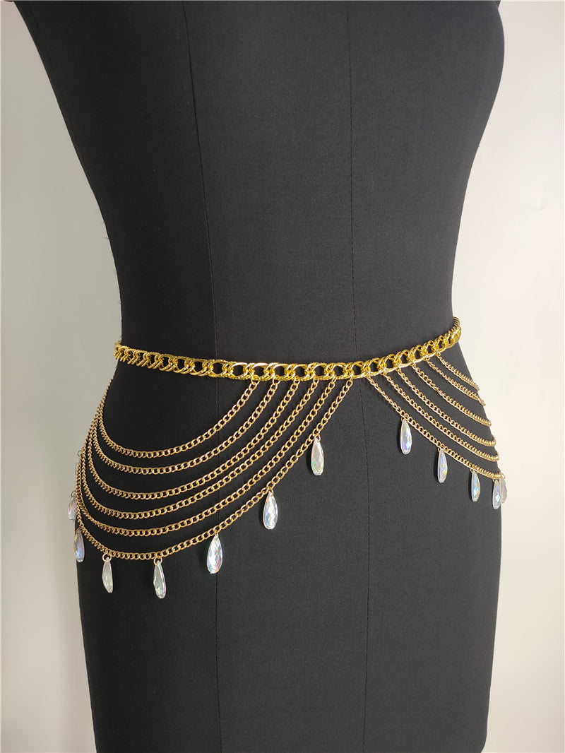 FB1733 2025 Waist chain Popular trade supply fashionable water drop crystal pendant fringed chain waist chain