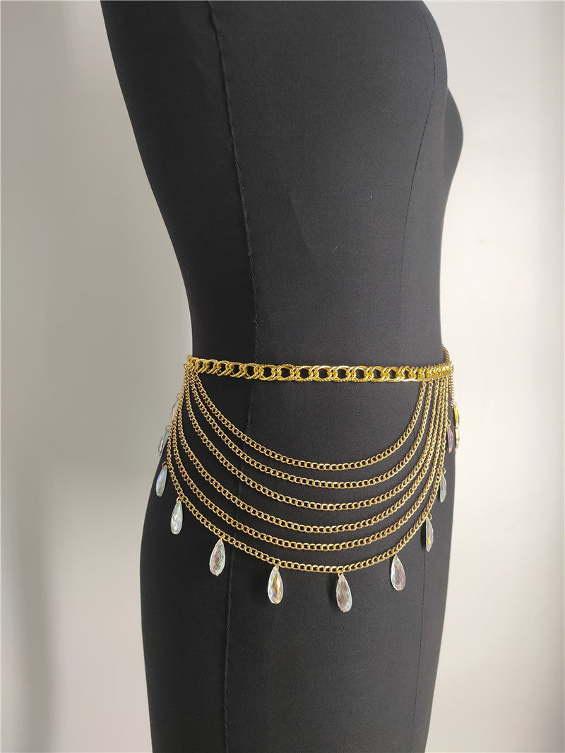 FB1733 2025 Waist chain Popular trade supply fashionable water drop crystal pendant fringed chain waist chain