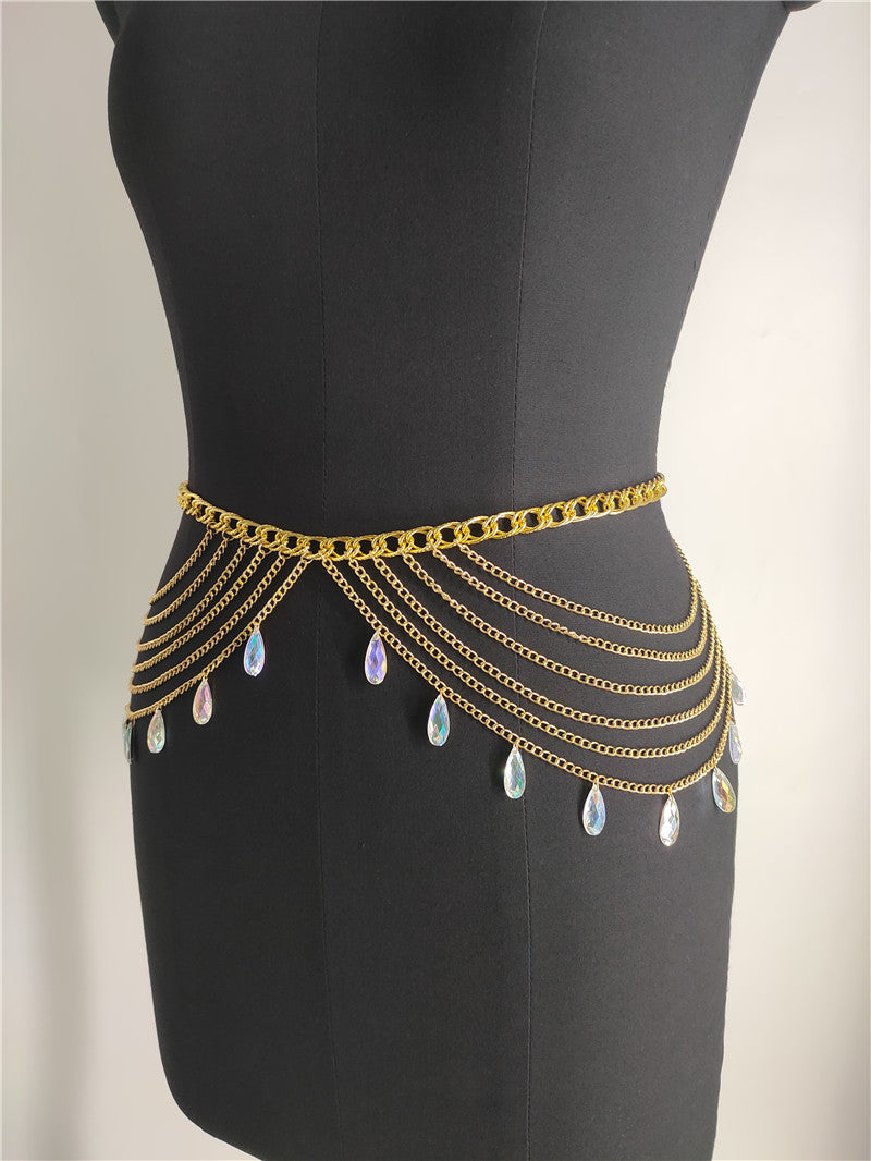 FB1733 2025 Waist chain Popular trade supply fashionable water drop crystal pendant fringed chain waist chain