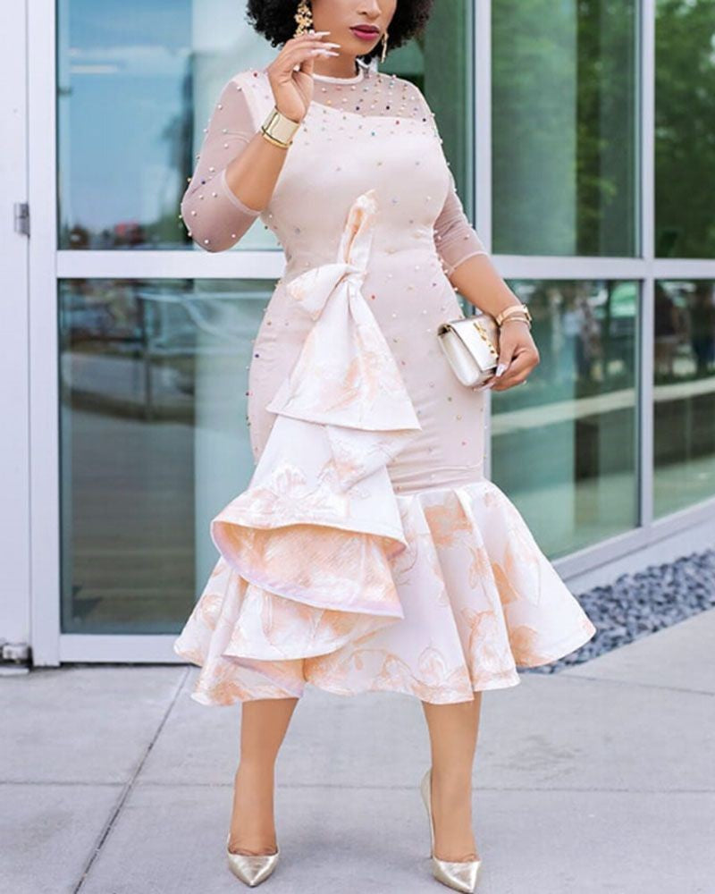 2025 autumn and winter Popular trade women's long dress Internet celebrities sexy bead hip wrap long sleeve crew neck dress skirt