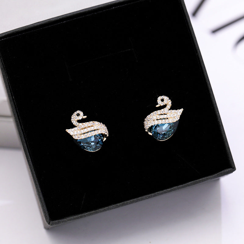 2025 Korean Internet celebrity temperament simple zircon blue crystal earrings S925 silver needle jewelry music note swan earrings