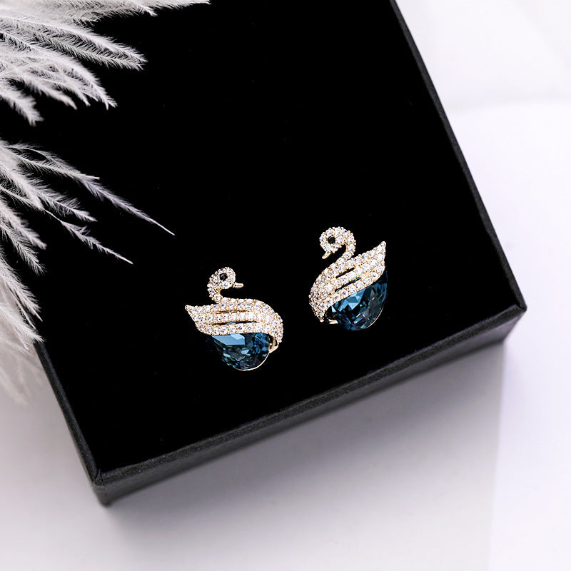 2025 Korean Internet celebrity temperament simple zircon blue crystal earrings S925 silver needle jewelry music note swan earrings