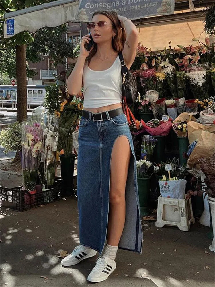 Skirts Summer Split Out Denim Skirt Jeans Women Casual Long Low Waisted Jean Streetwear Midi Pencil Y2k