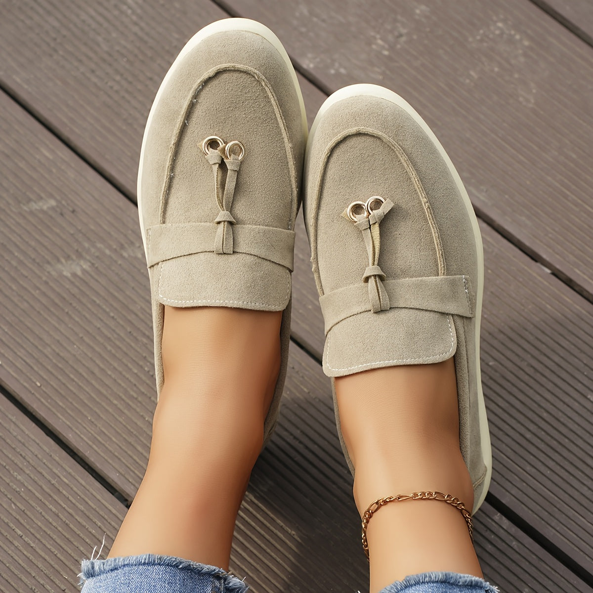 Women's Solid Color Flat Loafers, Casual Metallic Circle Decor Slip On Shoes, Women's Comfortable Shoes