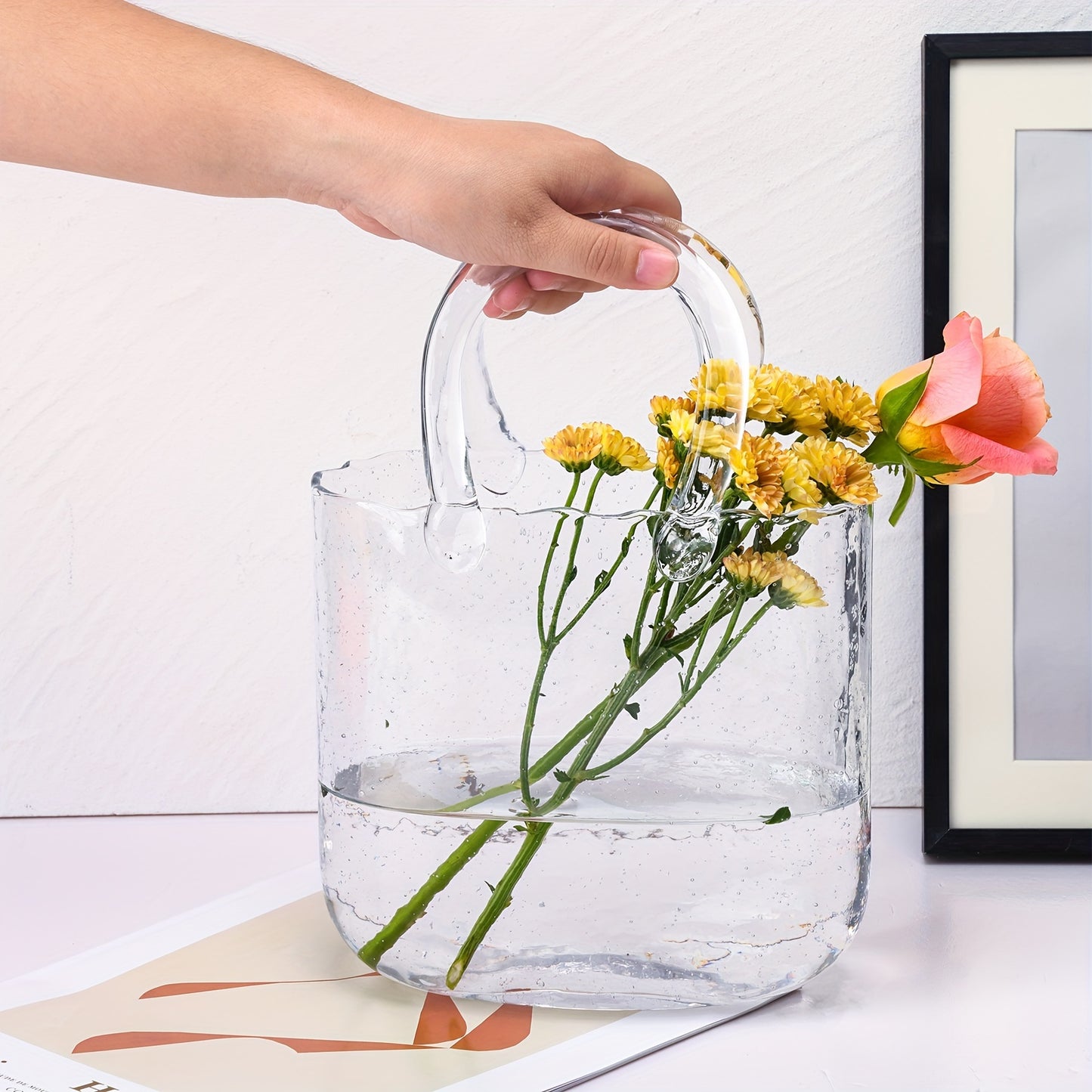 Unique Handbag Shape Glass Vase - 7.7x3.9x10.4in Clear Bag Vase With Handle And Bubbles For Flowers, Centerpieces, Wedding Table Decorations, Christmas Decorations