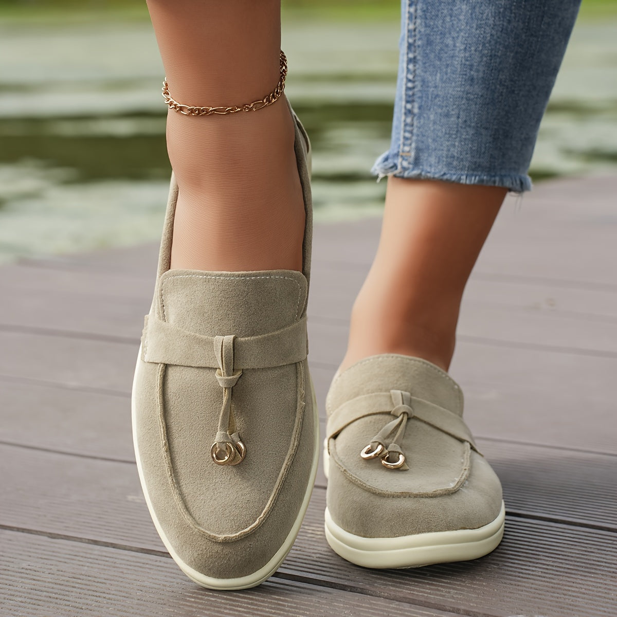 Women's Solid Color Flat Loafers, Casual Metallic Circle Decor Slip On Shoes, Women's Comfortable Shoes