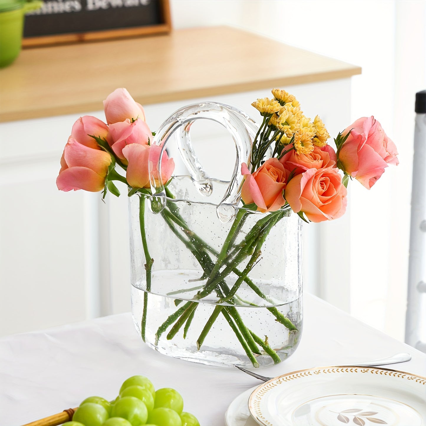 Unique Handbag Shape Glass Vase - 7.7x3.9x10.4in Clear Bag Vase With Handle And Bubbles For Flowers, Centerpieces, Wedding Table Decorations, Christmas Decorations