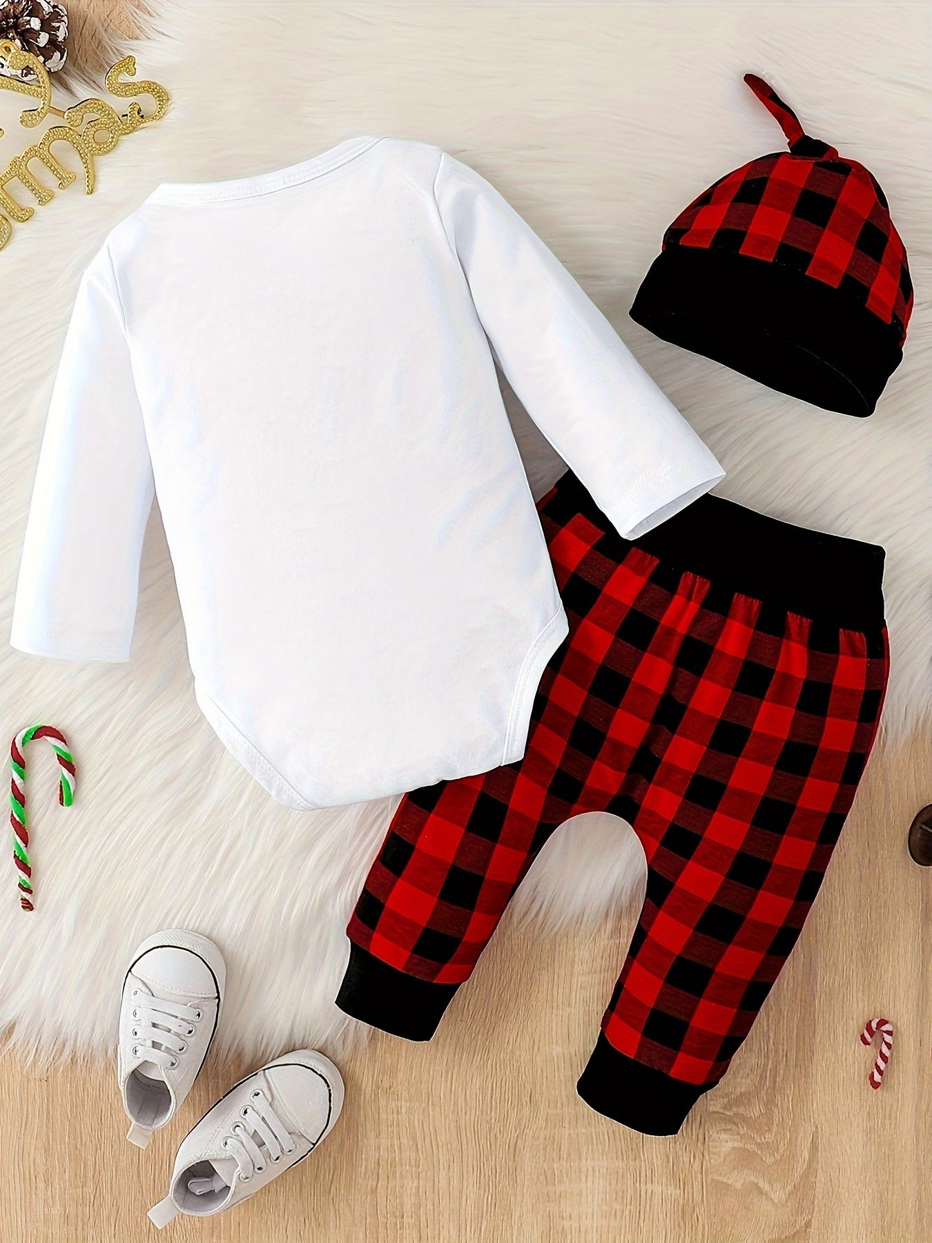 My First Christmas Baby Boy Outfits, 2pcs Newborn Long Sleeved Romper + Deer Plaid Print Pants + Christmas Hat Outdoor Set 0-18 Months