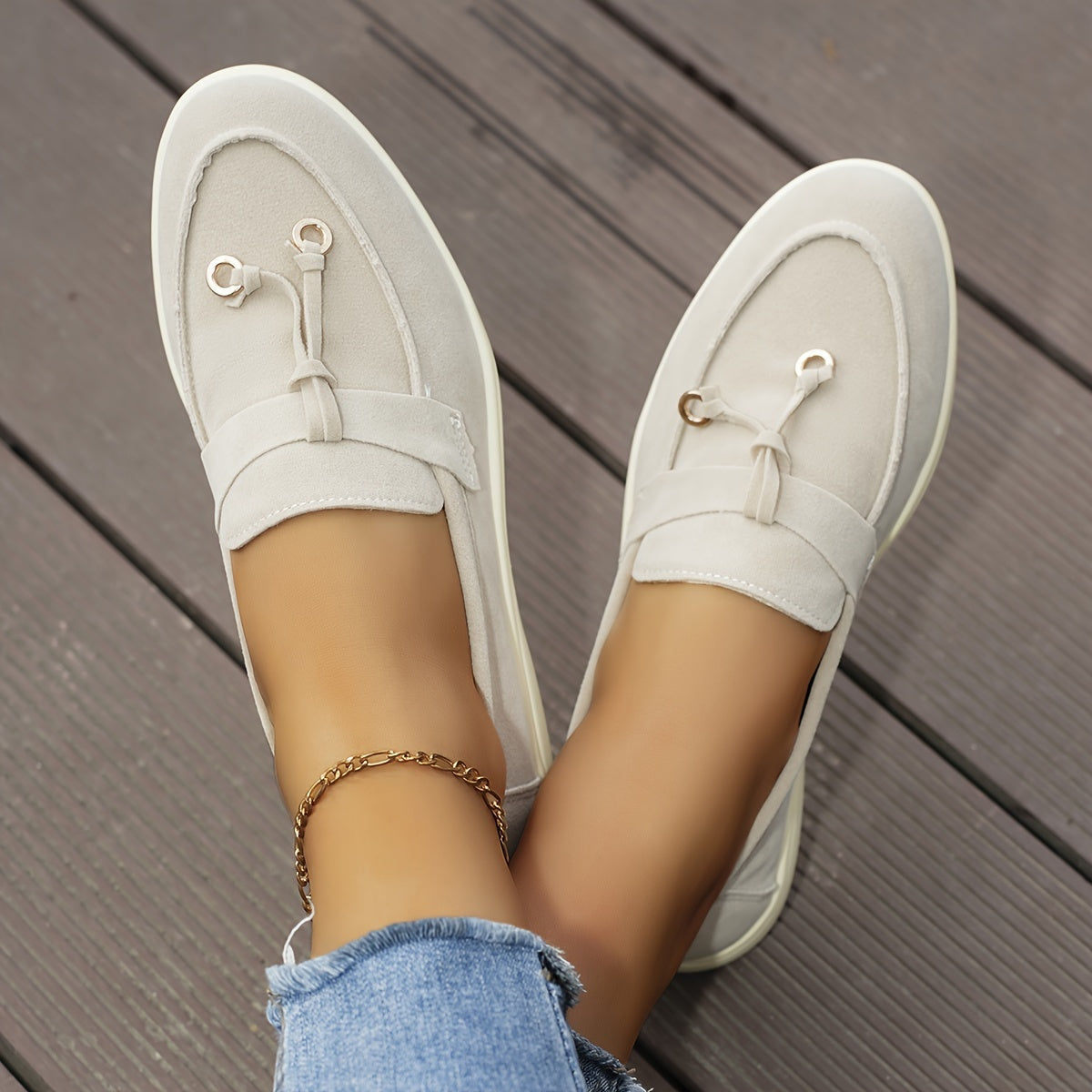 Women's Solid Color Flat Loafers, Casual Metallic Circle Decor Slip On Shoes, Women's Comfortable Shoes