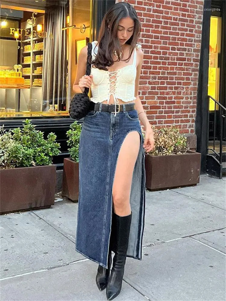 Skirts Summer Split Out Denim Skirt Jeans Women Casual Long Low Waisted Jean Streetwear Midi Pencil Y2k