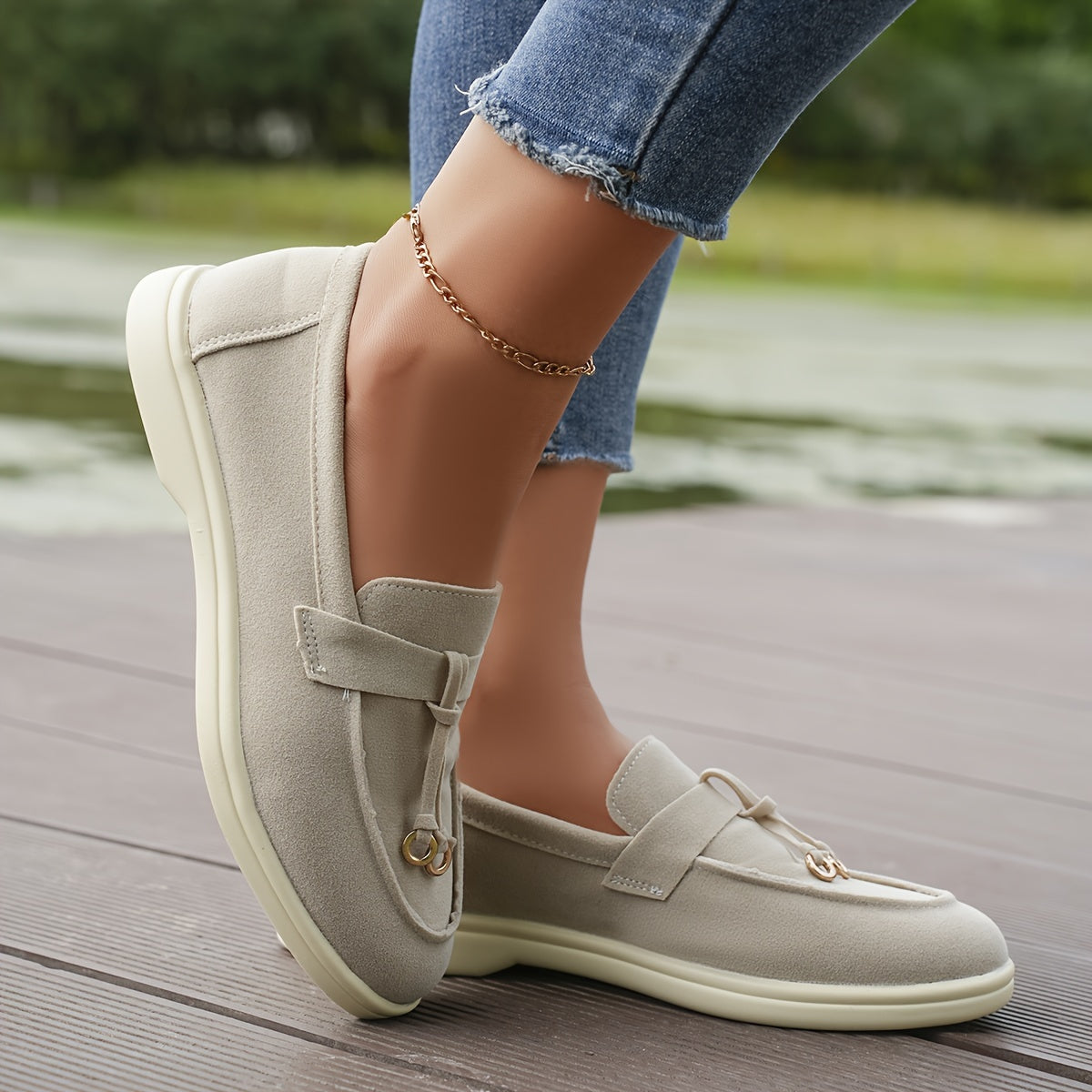 Women's Solid Color Flat Loafers, Casual Metallic Circle Decor Slip On Shoes, Women's Comfortable Shoes