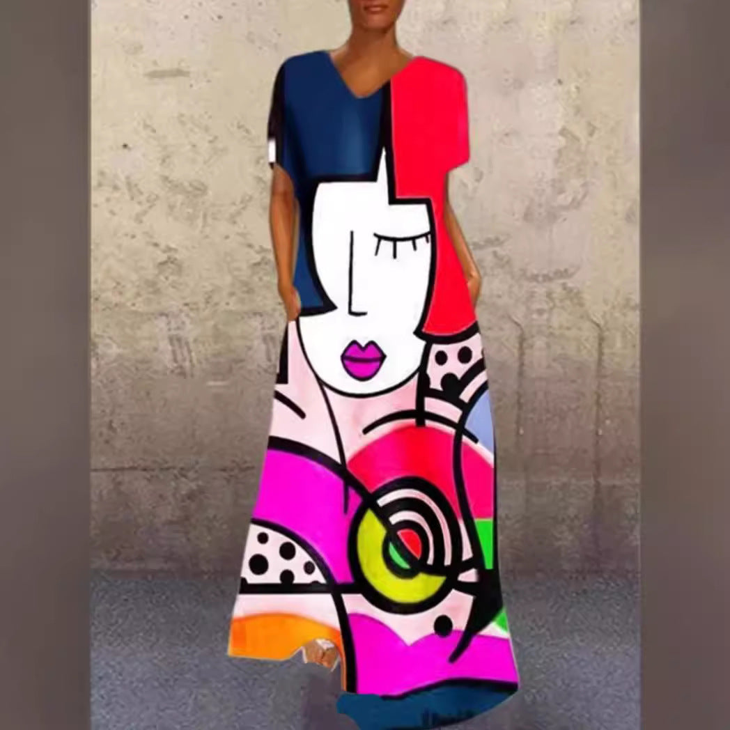 New independent station new dress retro portrait cat print V-neck four-sided elastic dress