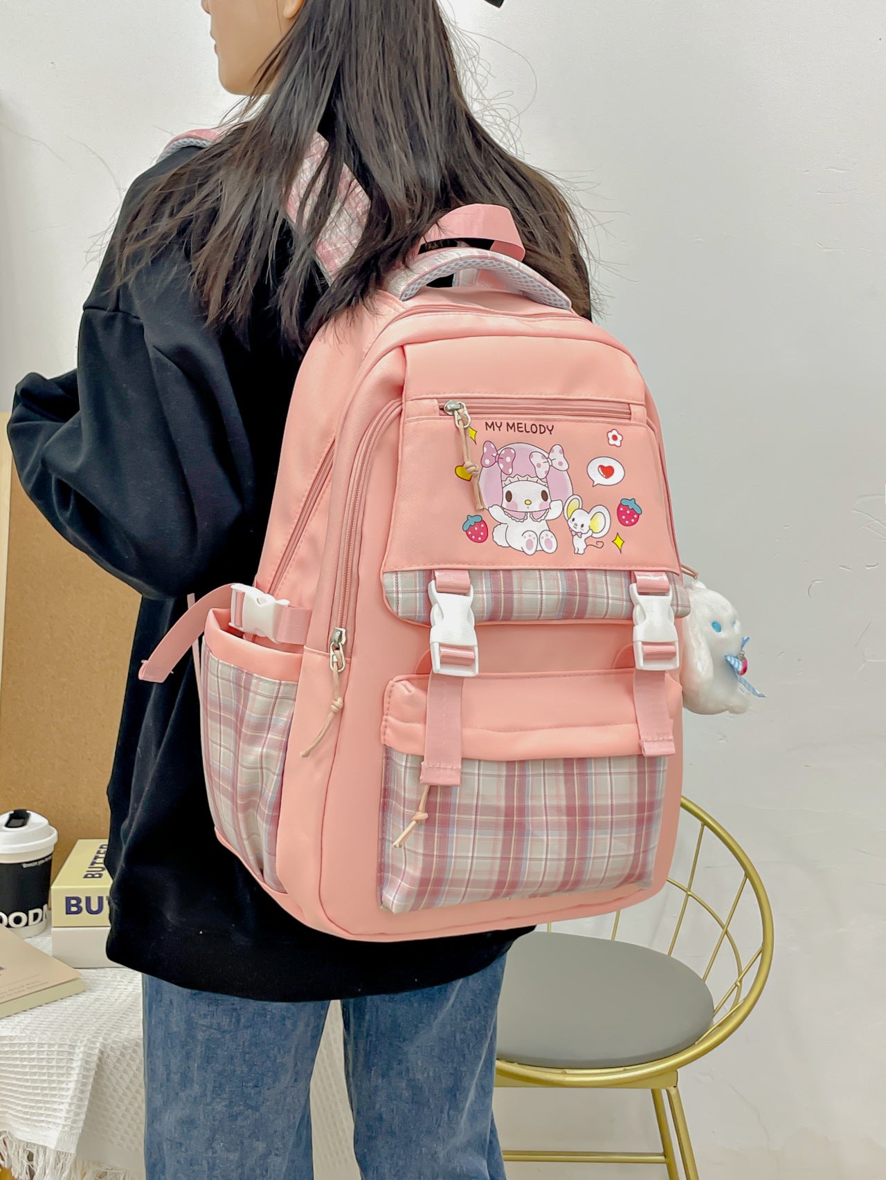 Printed Sanrio Schoolbag Large-Capacity Backpack Plaid Color Matching Backpack Medium and Large Student Campus Backpack Primary School Students