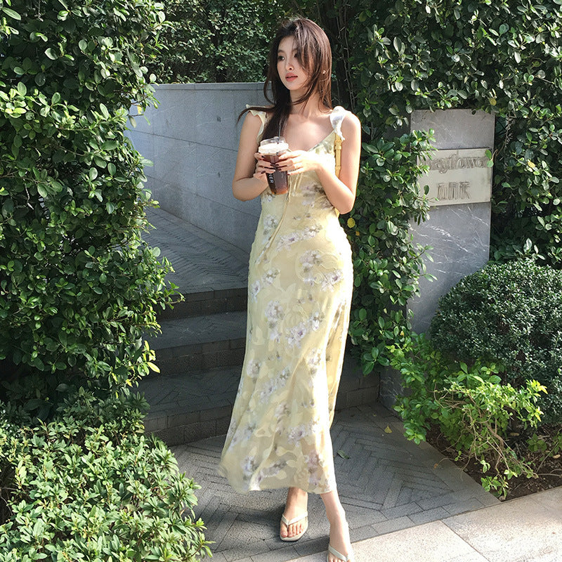 2025 Thirteen Lines Spring New Retro Temperament Printing Pure Desire High Waist Suspender Dress Women 88250