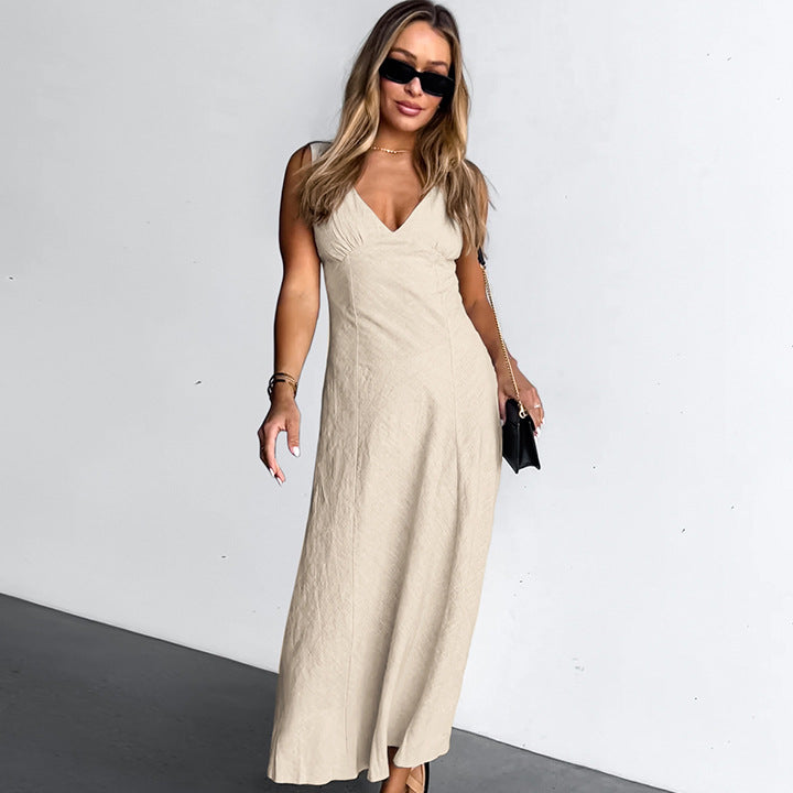 2025 Spring and summer new khaki sexy deep V cotton and linen backless dress popular fashion New wholesale dress