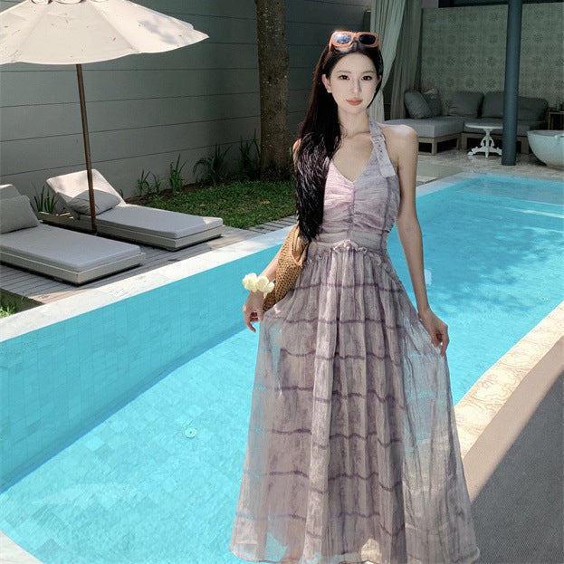 2025 Purple sleeveless neck suspender dress women's clothing summer 2025 new seaside vacation temperament dress