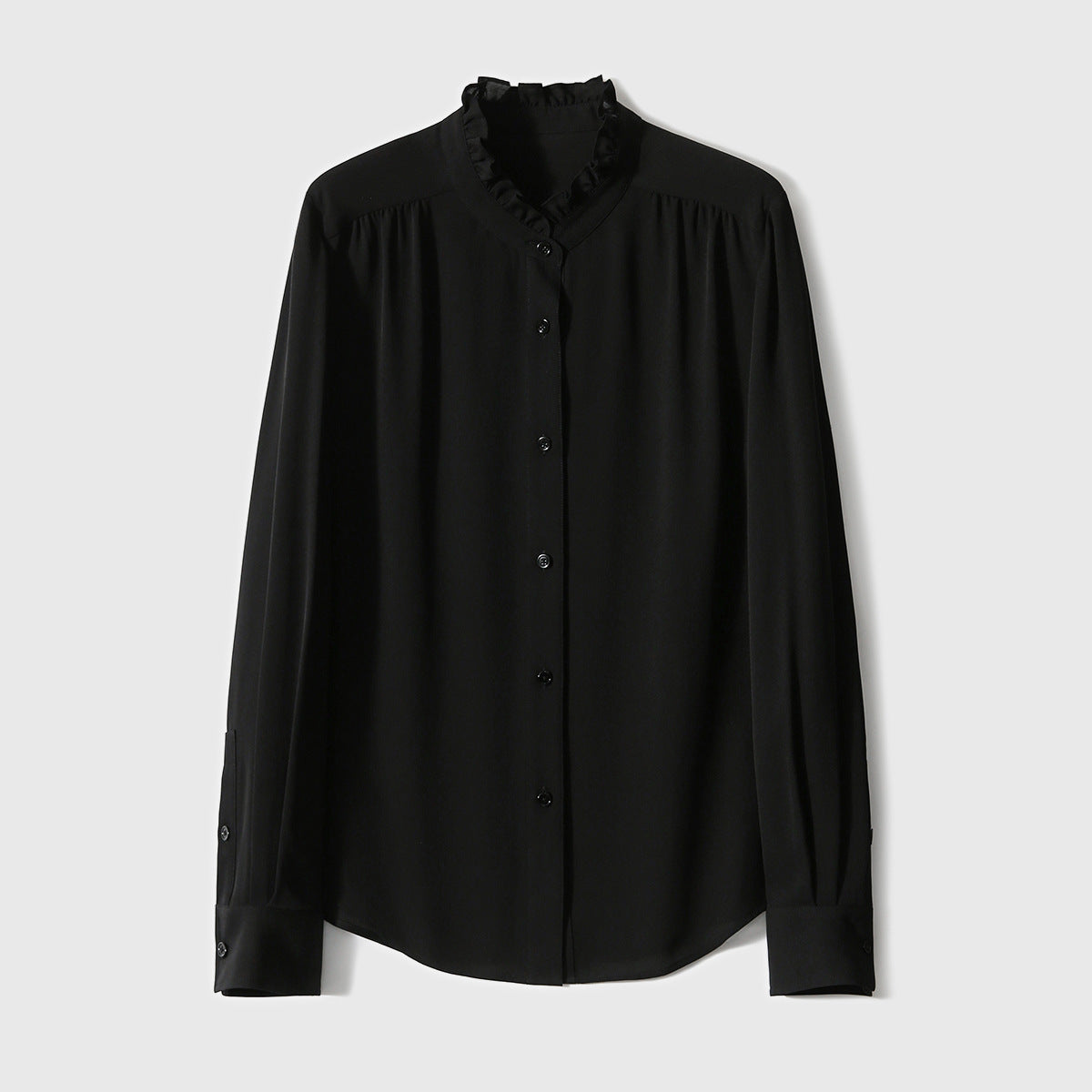 2025 Petal collar silk shirt, high-end mulberry silk spring Hangzhou women's clothing, women's shirt gray-black top