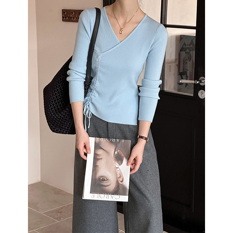 2025 popular autumn and winter new Korean version V-neck drawstring irregular hem slim-fitting long-sleeved knitted sweater 913