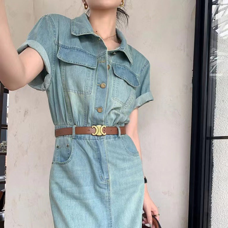 2025 Popularan Station retro washed short-sleeved denim dress women's summer new waist and thin long skirt