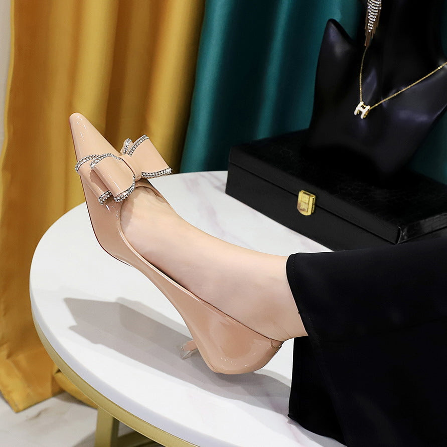 2025 237-H35 Korean version of fashion banquet women's shoes, thin heel, medium heel, shallow mouth, pointed head, patent leather rhinestone bow women's shoes