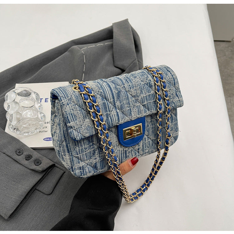 BENPAOLV 2025 fashion classic embroidery thread rhombus denim bag new simple Popular style chain single shoulder oblique span bag