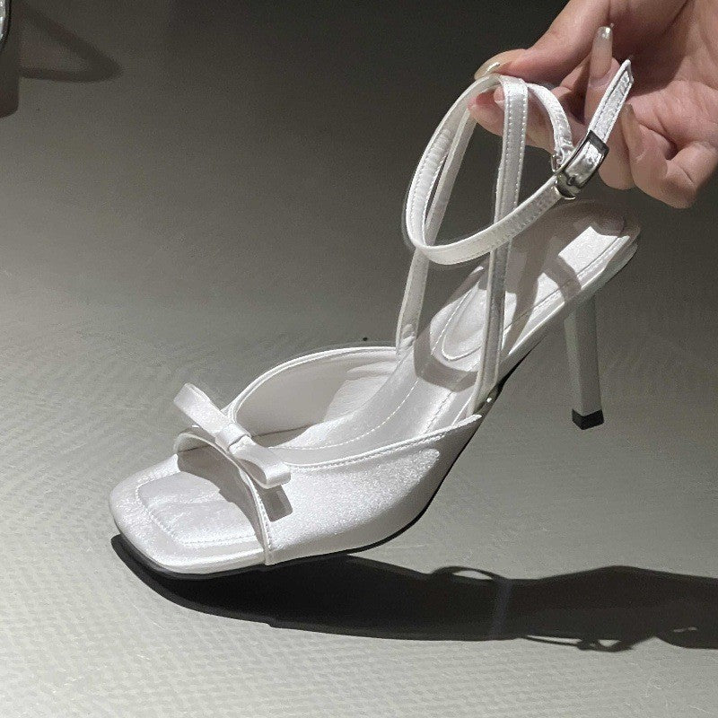 2025 ankle strap silver satin bow high heel cool slippers thin heel open-toed women's sandals temperament