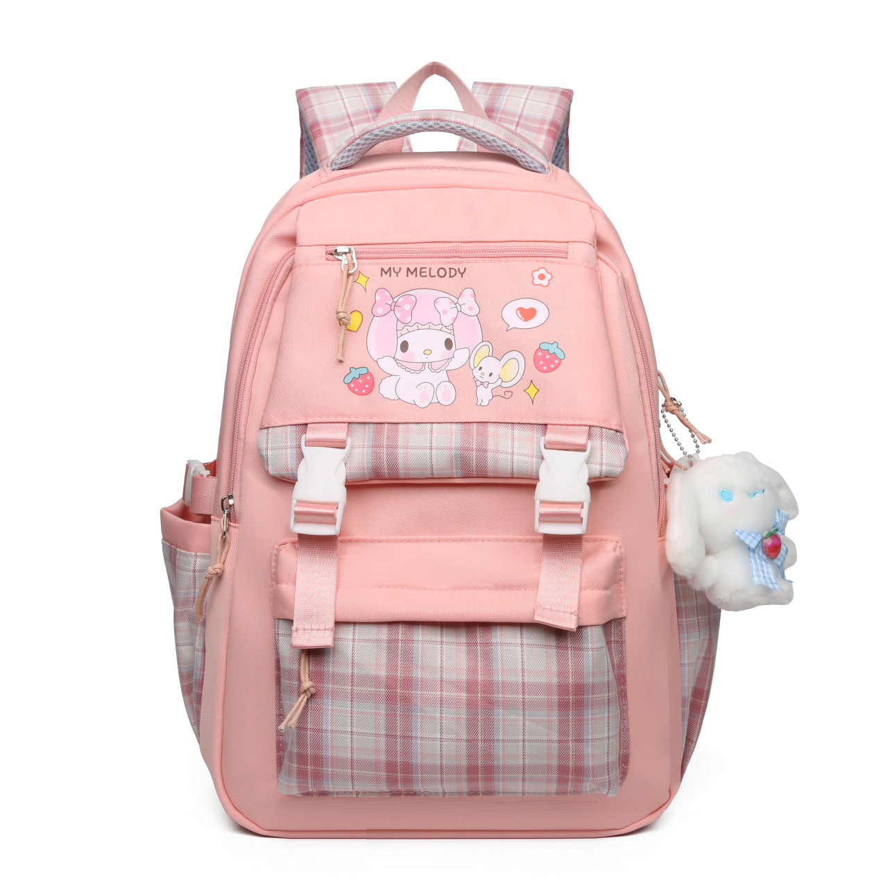 Printed Sanrio Schoolbag Large-Capacity Backpack Plaid Color Matching Backpack Medium and Large Student Campus Backpack Primary School Students