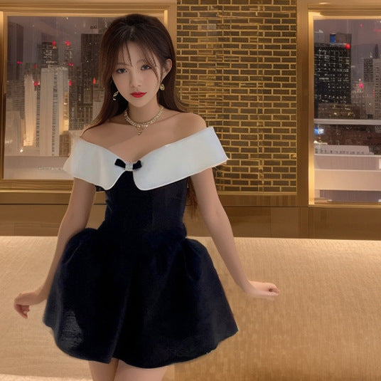 one-word shoulder tube top small black dress female niche design sense black temperament fairy fluffy dress L1005