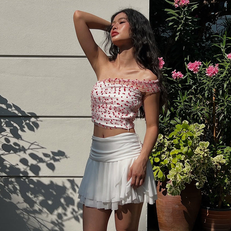 2025 style 2025 spring new women's clothing off-the-shoulder red polka dot top, high waist and thin pleated skirt