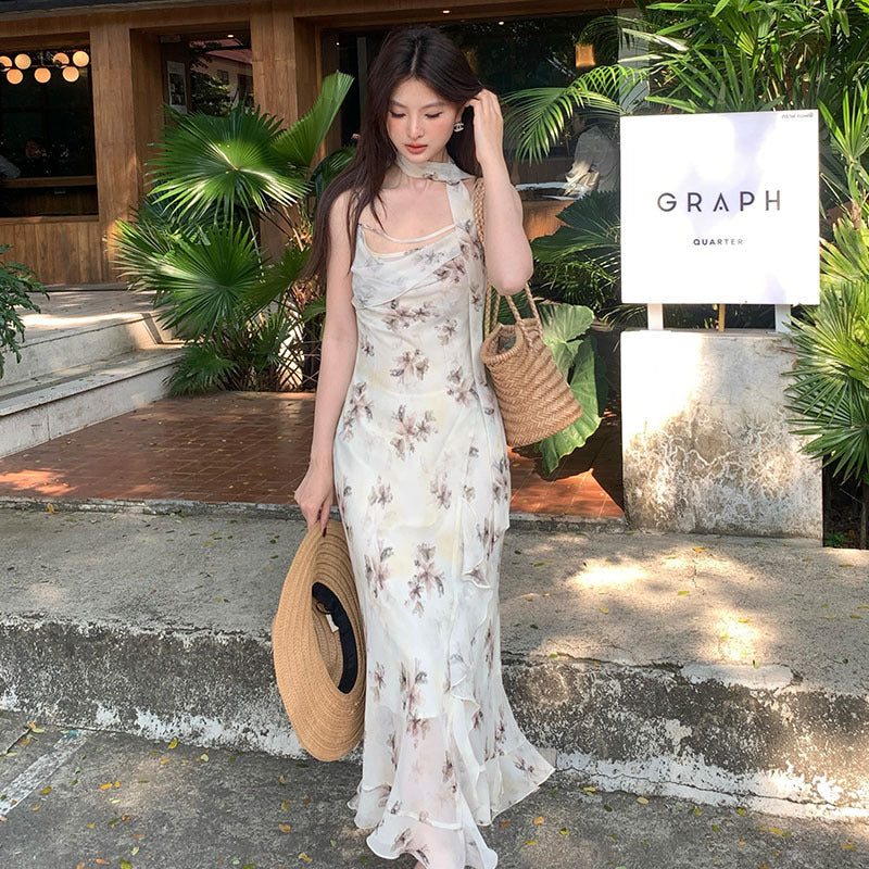 2025 Thirteen Lines Spring New Temperament Printing Pure Desire High Waist Suspender Dress Women 88207