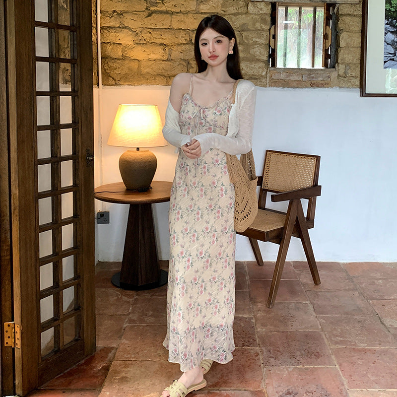 2025 spring and summer new Korean version high waist suspender dress printed pure desire vacation skirt women 88078