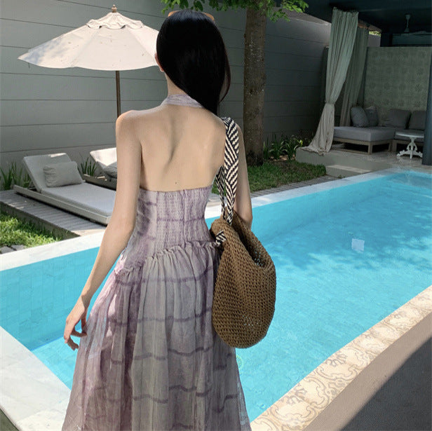 2025 Purple sleeveless neck suspender dress women's clothing summer 2025 new seaside vacation temperament dress